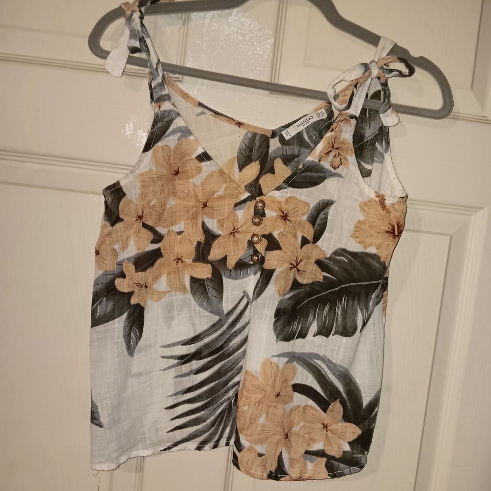 Mango Floral Tie-Strap Women Bloue With  Button Details Sz XXS